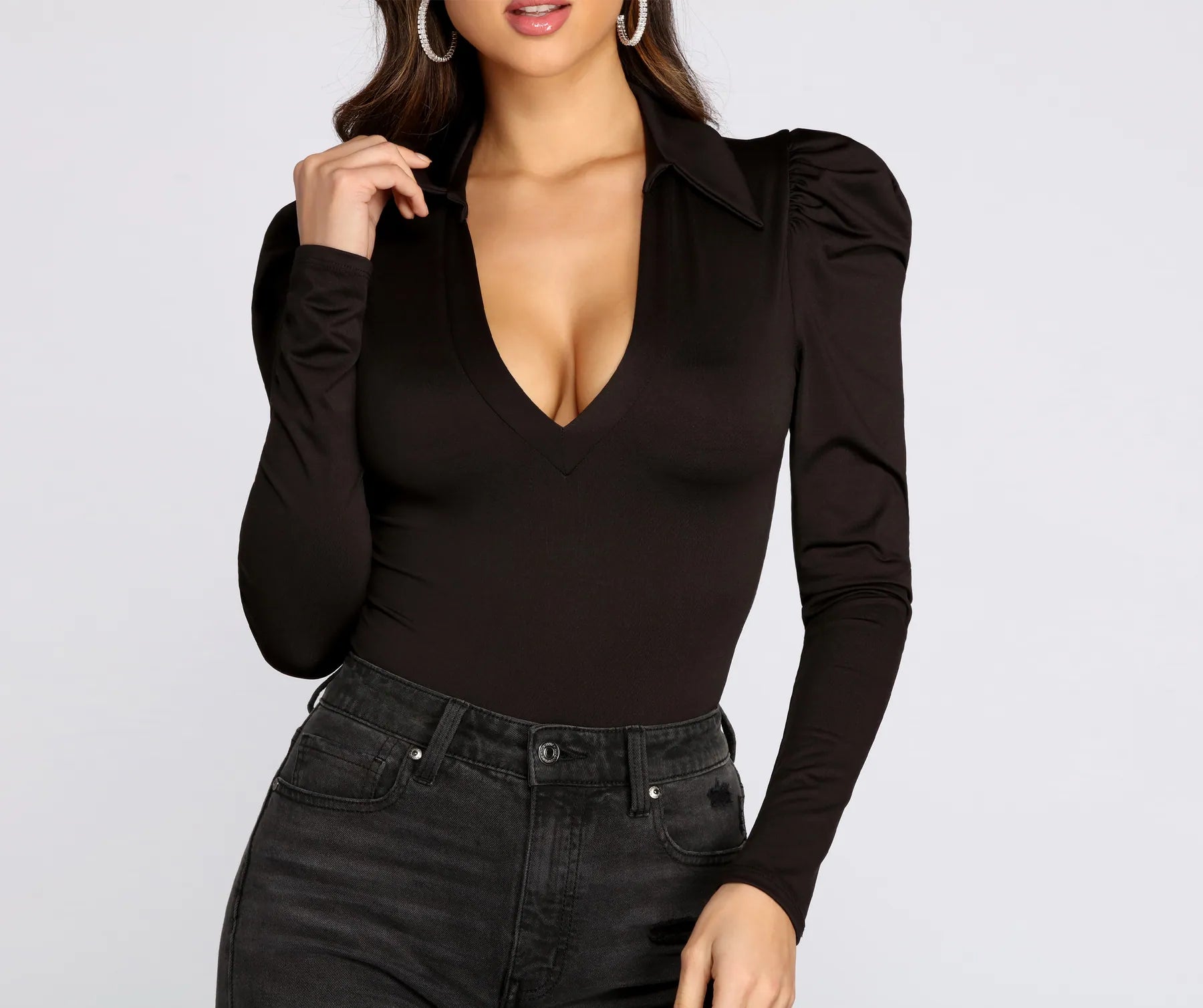 Tight fitted jacket top for women with stylish design and sleek fit-Statement Shoulders Collared Bodysuit