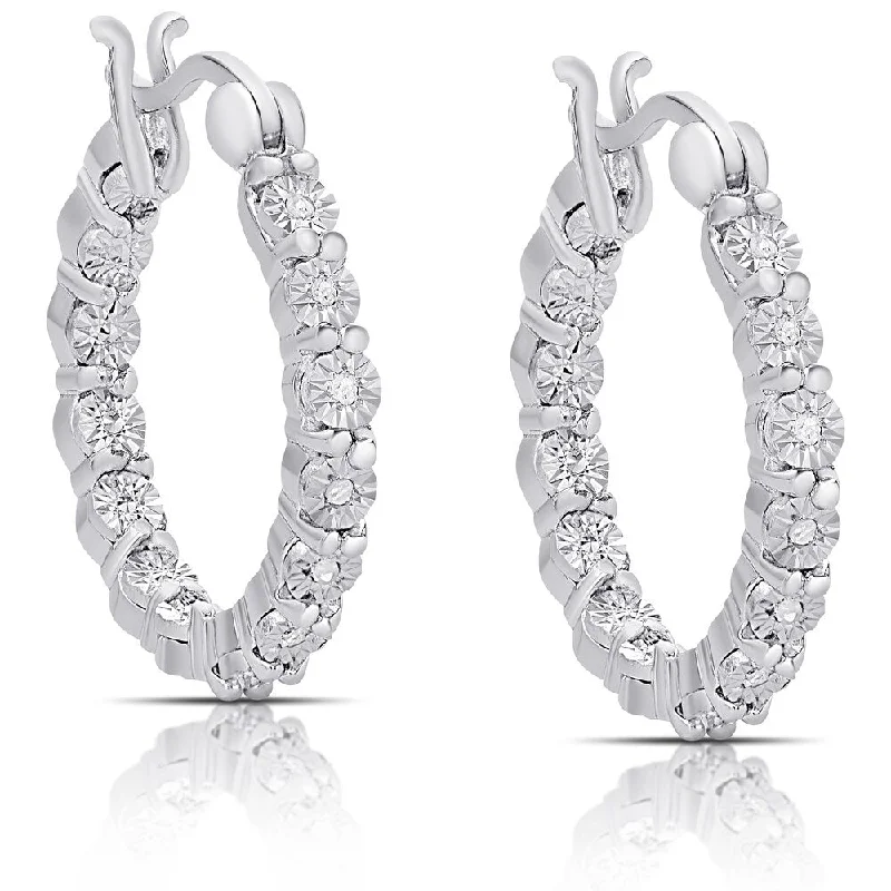 Drop Earrings for Everyday Glamour -Finesque Sterling Silver 1/10ct TDW Diamond Miracle Plate Hoop Earrings (I-J, I2-I3)