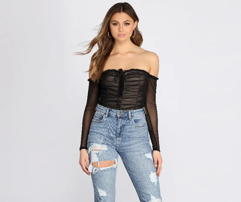 Fitted tight top for women with crew neckline and streamlined look-Ruched And Ready Lace Up Bodysuit