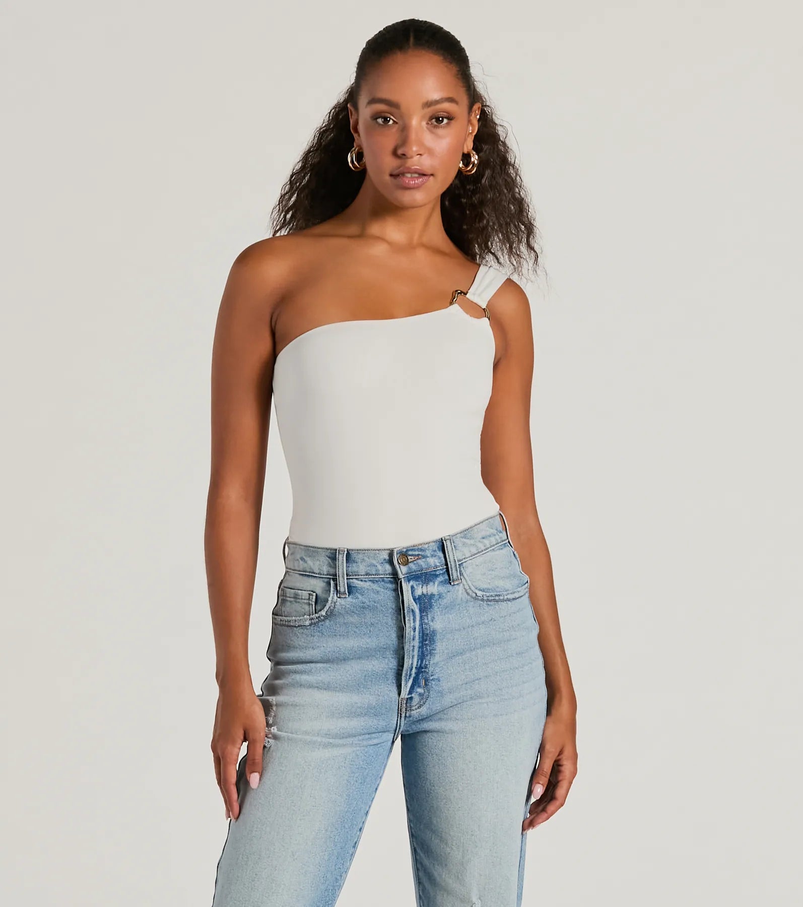 Soft tight top for women with cotton blend and comfortable wear-Perfect Piece One-Shoulder Hoop Bodysuit