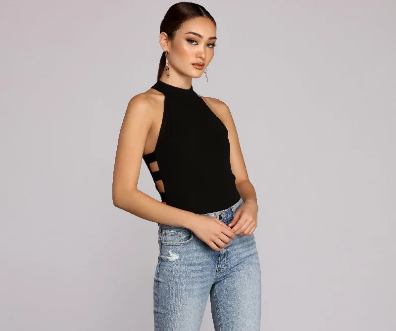 Tight mesh bodysuit for women with transparent fabric and edgy design-Sidebar Mock Neck Bodysuit