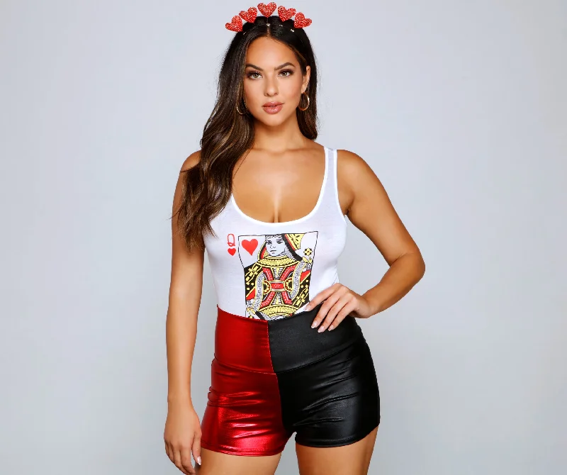 Tight tank top for women with sleeveless cut and versatile wear-Reign In Style Queen Of Hearts Bodysuit