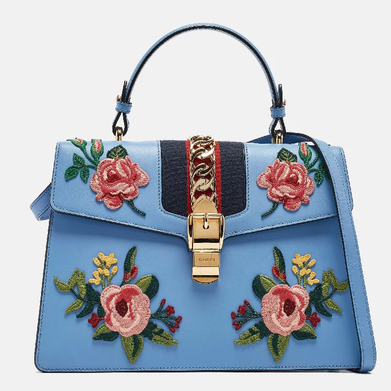 Durable handle bags for heavy-duty everyday use -Gucci Blue Leather Medium Floral Embroidered Sylvie Top Handle Bag