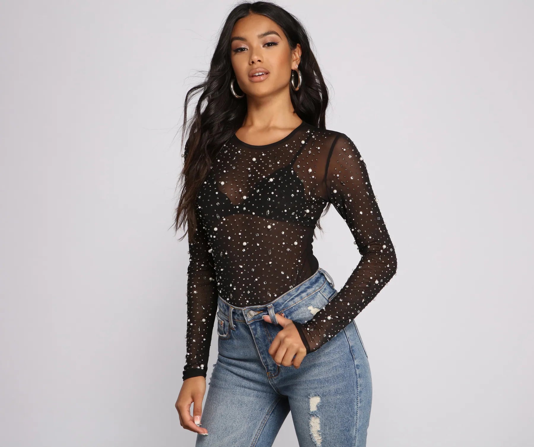 Sexy tight top for women with body-hugging fit and sleek style-Glam Goals Mesh Rhinestone and Pearl Bodysuit