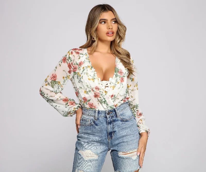 Sleek tight top for women with long sleeves and body-hugging design-Bloom In Beauty Floral Chiffon Bodysuit