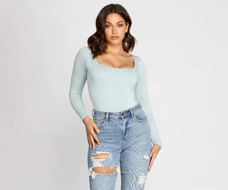 Layered tight top for women with multi-texture design and chic appeal-Feelin' Knit Long Sleeve Bodysuit