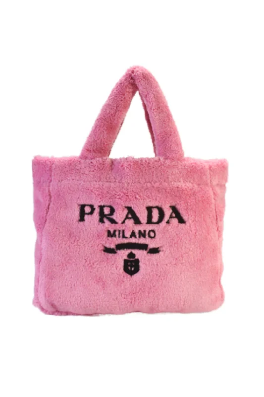 Handle bags with quilted leather for luxury -Prada Womens Pink Soft Terry Cloth Large Tote Bag Handbag