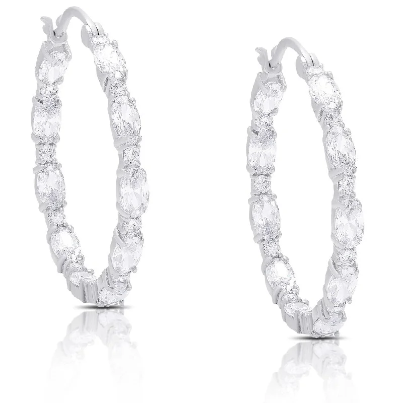 Push Back Drop Earrings for Convenience -Dolce Giavonna Silver Overlay Cubic Zirconia Hoop Earrings