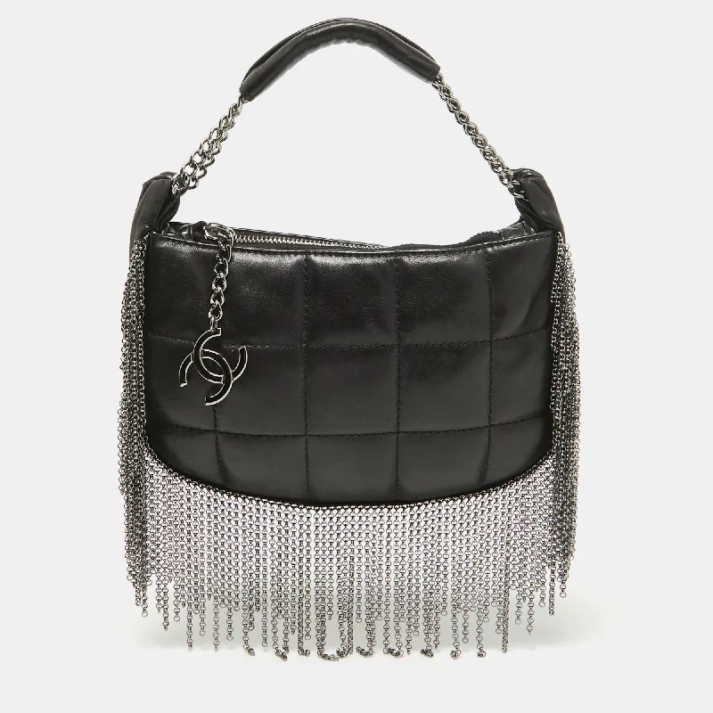 Reversible handle bags offering dual design styles -Chanel Black Square Quilted Leather Chain Fringe Pochette