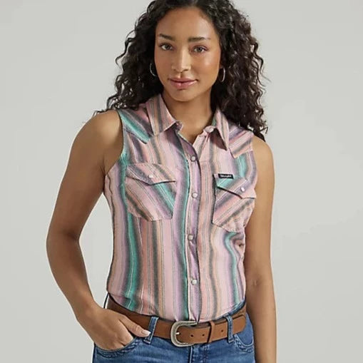 Modern Blouses for Trendy -Wrangler Retro Women's Sleeveless Striped Western Snap Shirt in Southwest Peach