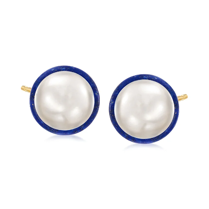 Square Drop Earrings for Modern -Ross-Simons 10-10.5mm Cultured Pearl and Lapis Bezel-Set Earrings With 14kt Yellow Gold