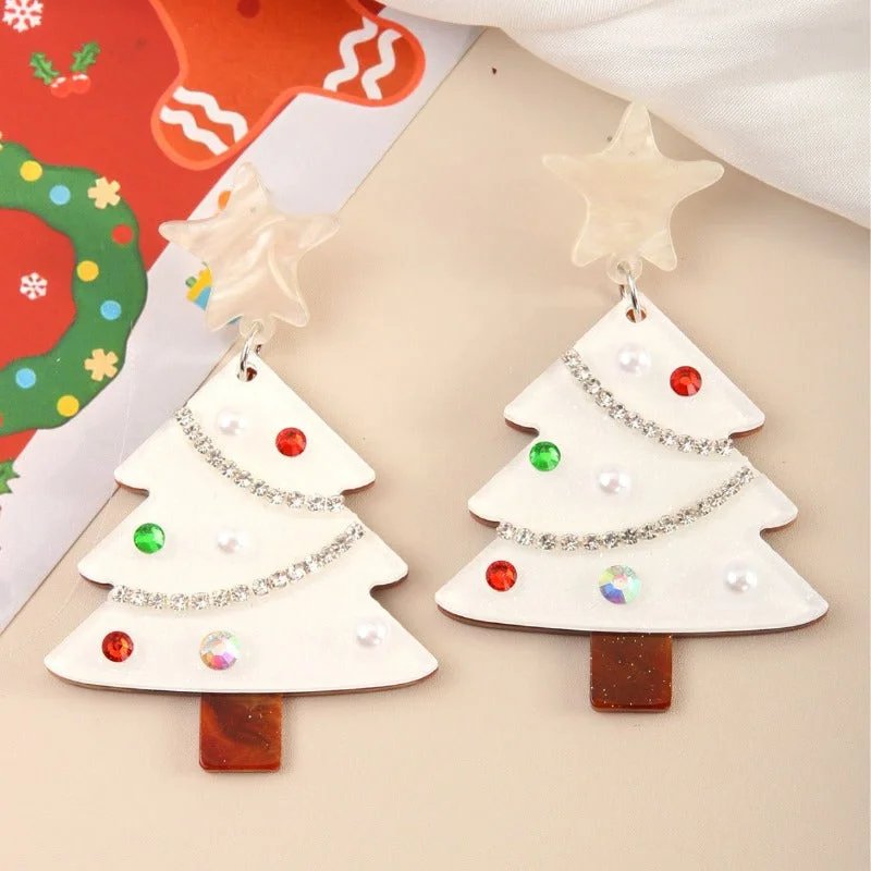 Oval Drop Earrings for Grace -Wholesale Fashion Double-sided Acrylic Christmas Tree Resin Rhinestone Star Earrings