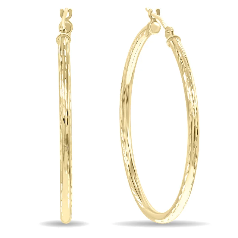 Lightweight Drop Earrings for All Day -14K Yellow Gold Shiny Diamond Cut Engraved Hoop Earrings 35Mm