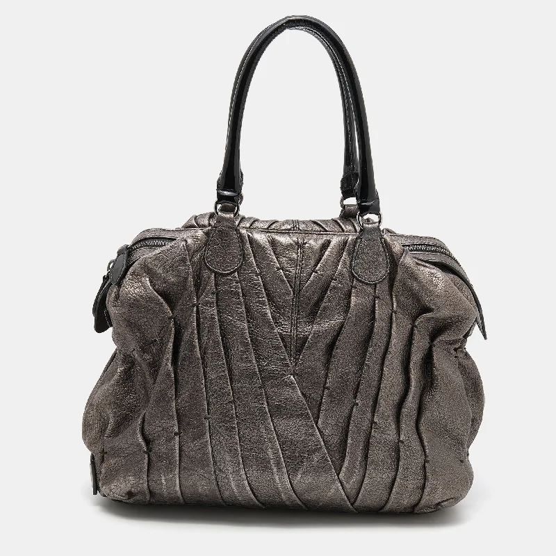 Handle bags with abstract art for uniqueness -Valentino Metallic Grey Leather Maison Pintucked Shopper Tote