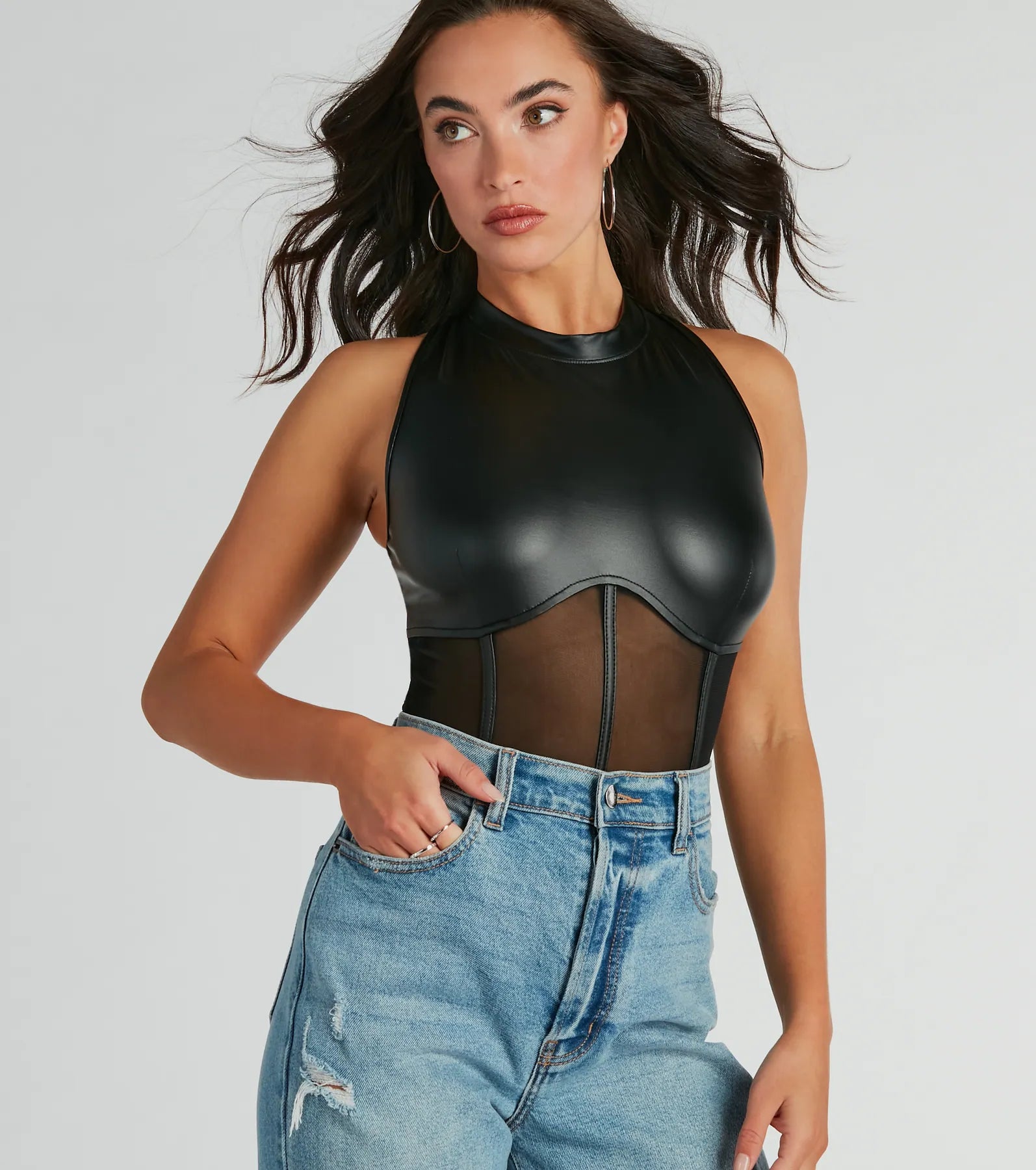 Comfortable tight top for women with soft fabric and versatile wear-Amped Up Chic Faux Leather Corset Bodysuit