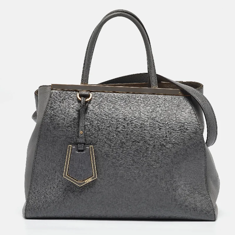 Handle bags with neutral tones for versatility -Fendi Two Tone Grey Leather Medium 2Jours Tote