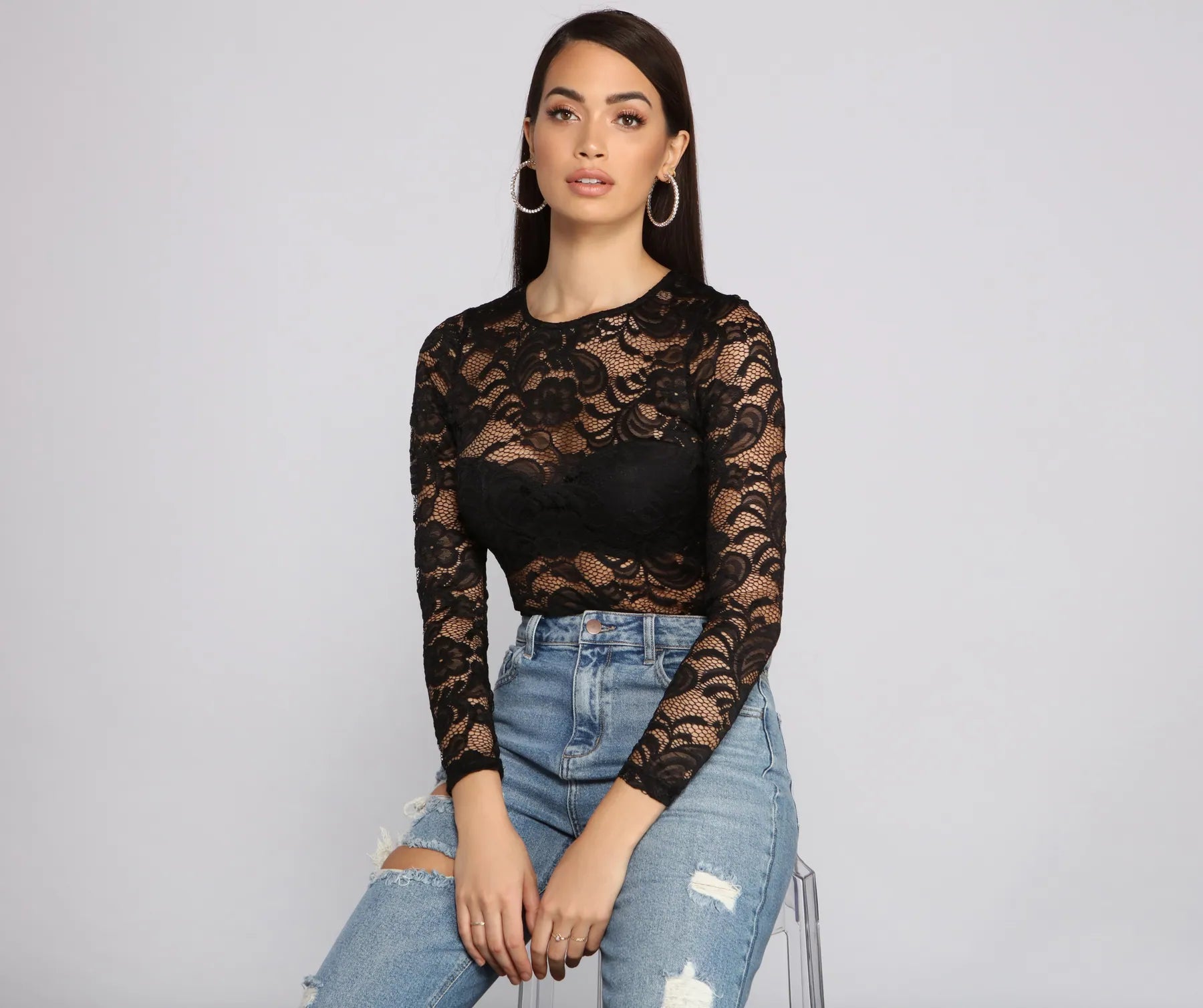 High neck tight crop top for women with fitted cut and trendy appeal-Stylishly Sheer Lace Bodysuit