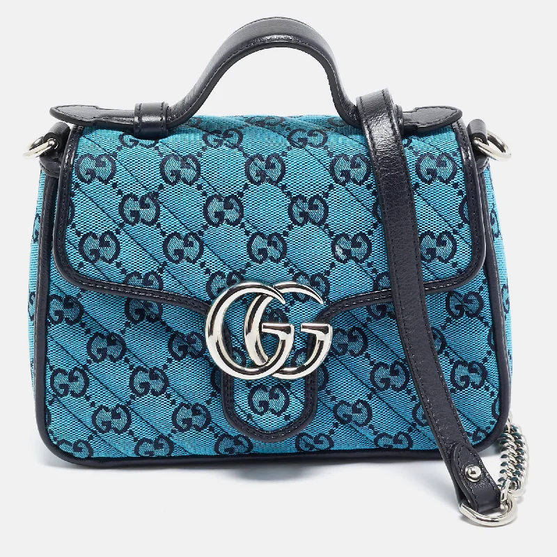 Handle bags with sturdy bases for stability -Gucci Blue Canvas Gg Diagonal Quilt Canvas And Leather Mini Gg Marmont Top Handle Bag