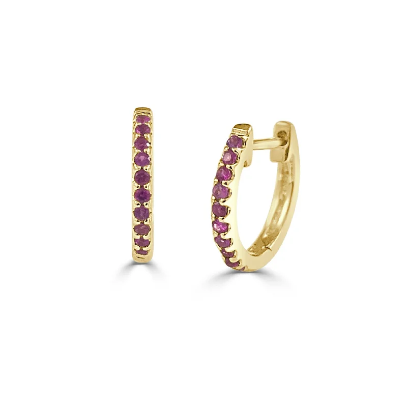 Geometric Drop Earrings for Trend -Joelle Collection Ruby Huggie Earrings - 14K Gold Earrings U-Shaped Hoops With Rubies