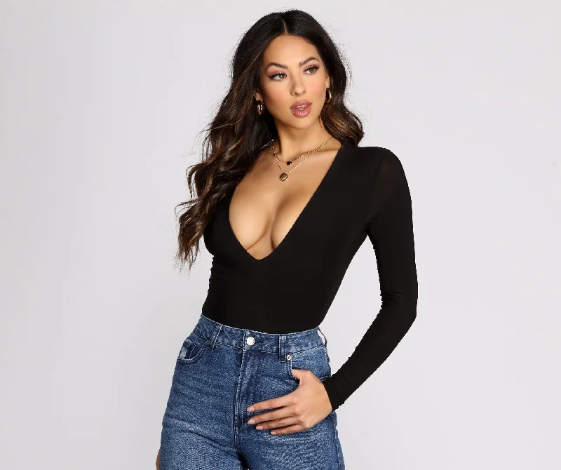 Loose fit tight top for women with subtle details and relaxed look-Plunge V Neck Bodysuit