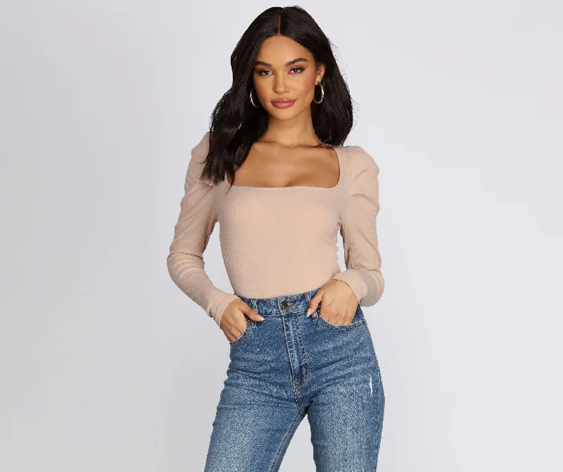 Soft tight wrap top for women with comfortable fabric and figure-flattering fit-Pleated Puff Sleeve Bodysuit