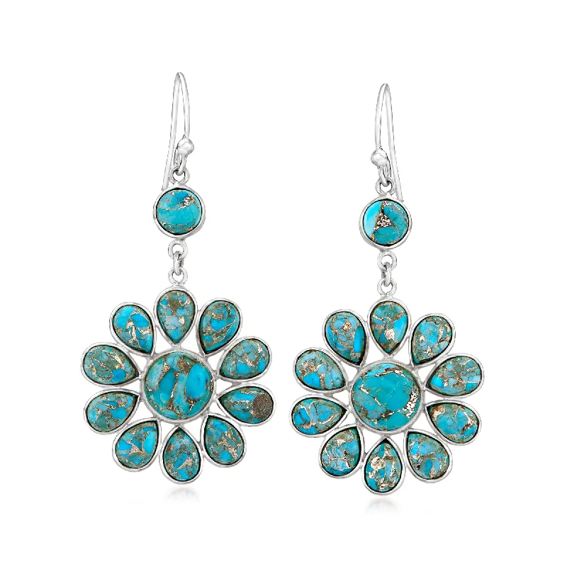 Geometric Drop Earrings for Trend -Ross-Simons Turquoise Flower Drop Earrings in Sterling Silver