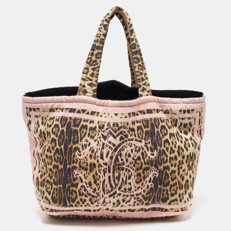 Handle bags with soft leather for luxury -Roberto Cavalli Multicolor Fabric Leopard Print Logo Shopper Tote