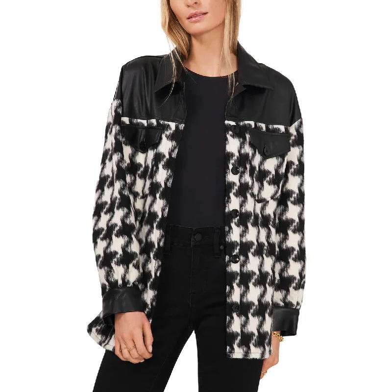 Party Blouses for Night Out -Vince Camuto Womens Sparkle & Shine Faux Leather Trim Lightweight Shirt Jacket