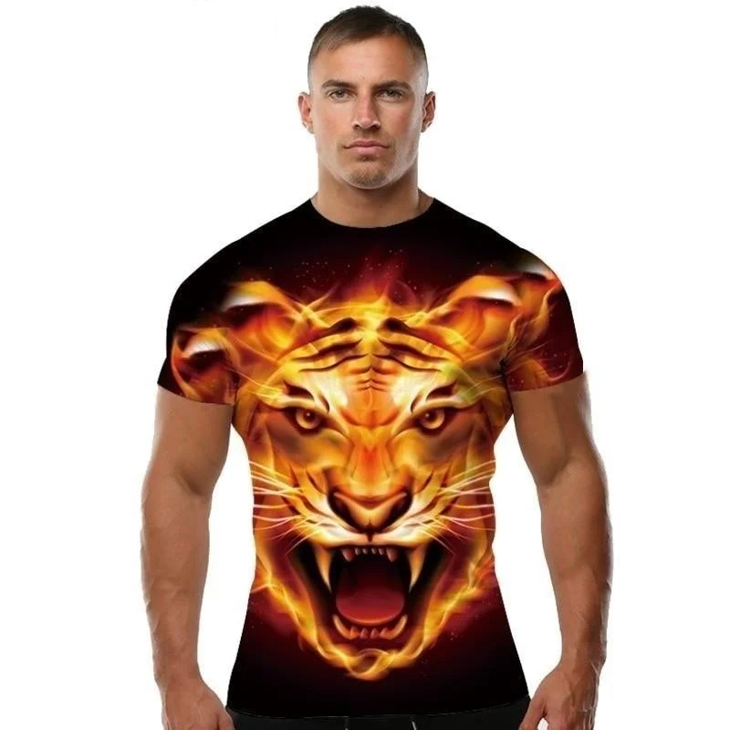 Lightweight Blouses for Easy -Cool Slim Men's 3D Tiger in Flame Anime Print Short Sleeves Shirt T-shirt