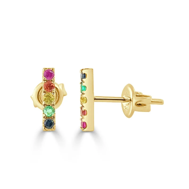 Drop Earrings for Office Wear -Joelle Collection Multi Sapphire Bar Earrings 14K Yellow Gold