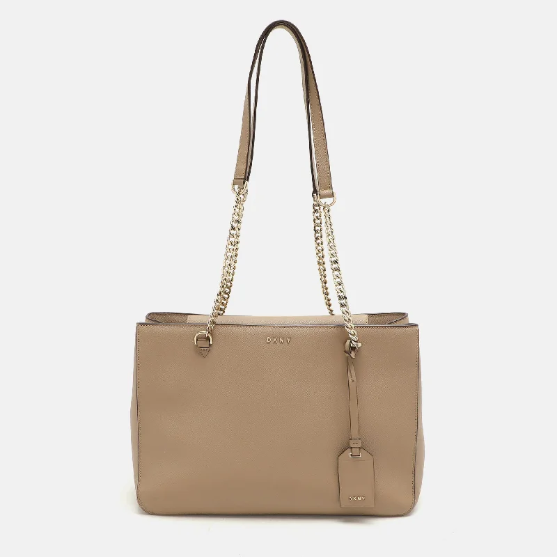 Handle bags with wide openings for access -Dkny Beige Leather Bryant Park Chain Tote