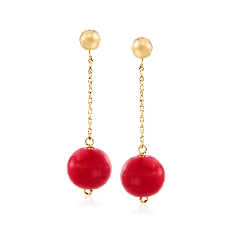 Diamond Drop Earrings for Luxury -Ross-Simons 10.5-11mm Red Coral Bead Drop Earrings in 14kt Yellow Gold