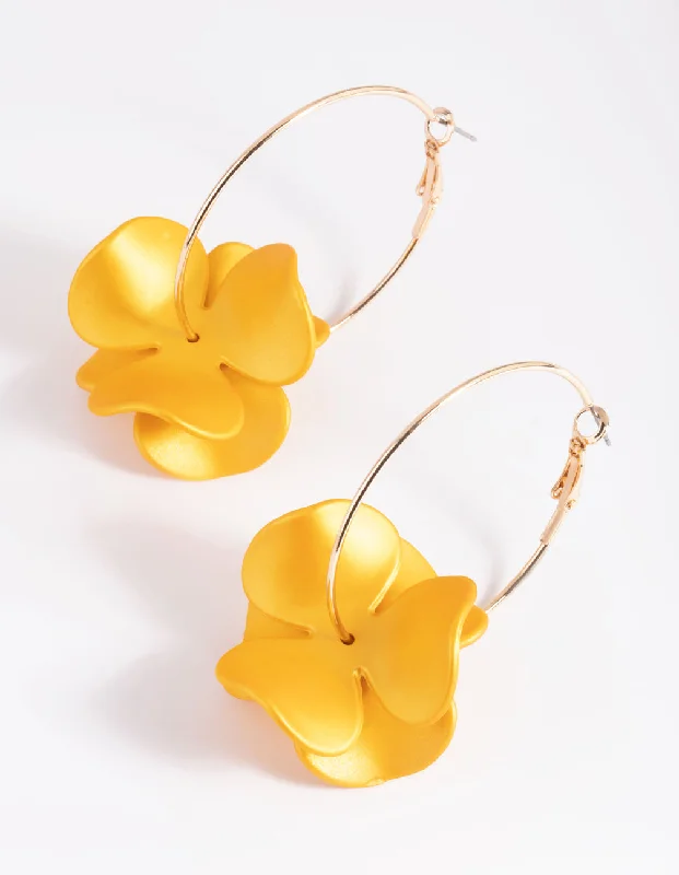 Drop Earrings with Vine Designs -Matte Yellow Flower Hoop Earrings