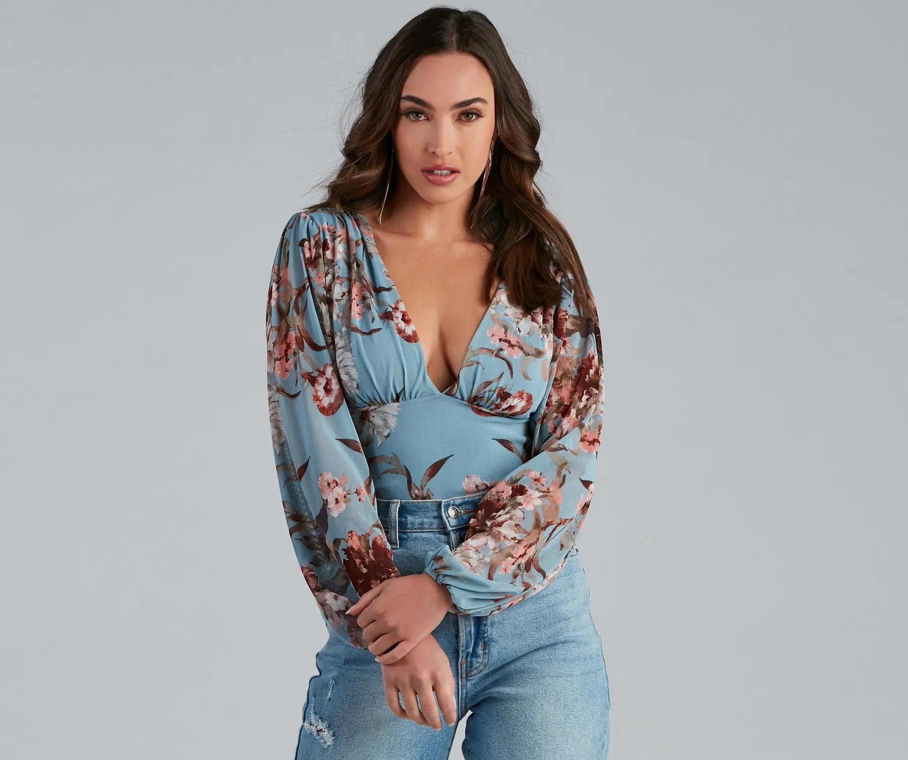 Tight turtleneck top for women with long sleeves and fitted style-Blooming Chic Floral Bodysuit