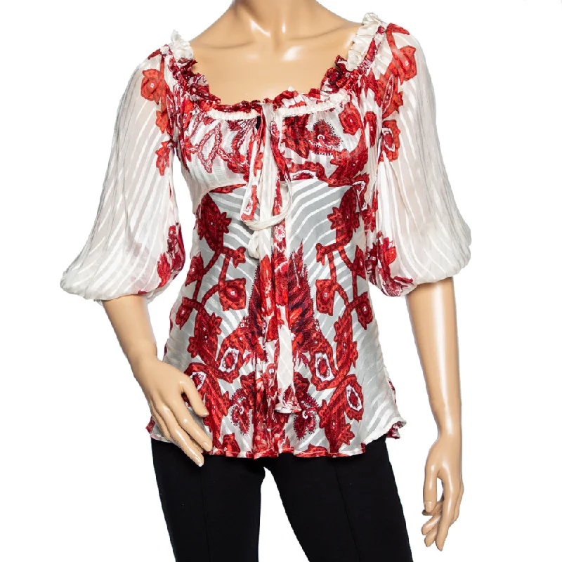 Handle bags with multi-color weaves for vibrancy -Roberto Cavalli Ivory & Red Printed Silk Neck Tie Detail Blouse S