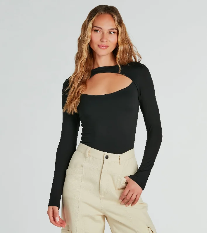 Cropped tight t-shirt for women with casual fit and trendy look-Make The Cut Long Sleeve Knit Bodysuit