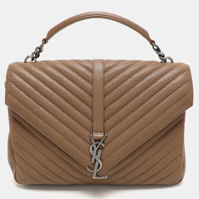 Handle bags with woven fabric for texture -Saint Laurent Beige Matelassé Leather Large College Top Handle Bag