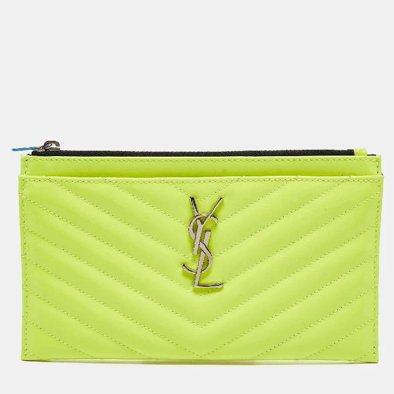 Handle bags with bright neons for visibility -Saint Laurent Neon Yellow Matelasse Patent Leather Monogram Bill Pouch