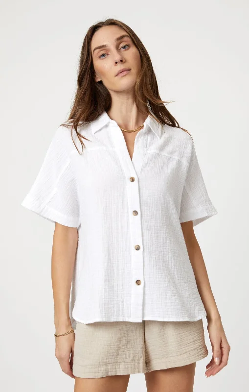 Hippie Blouses with Beads -GAUZE SHORT SLEEVE SHIRT IN ANTIQUE WHITE