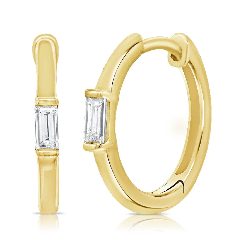 Square Drop Earrings for Modern -Joelle Collection Baguette Diamond 1/10 cttw. Huggie Small Hoops Earrings 14K Gold