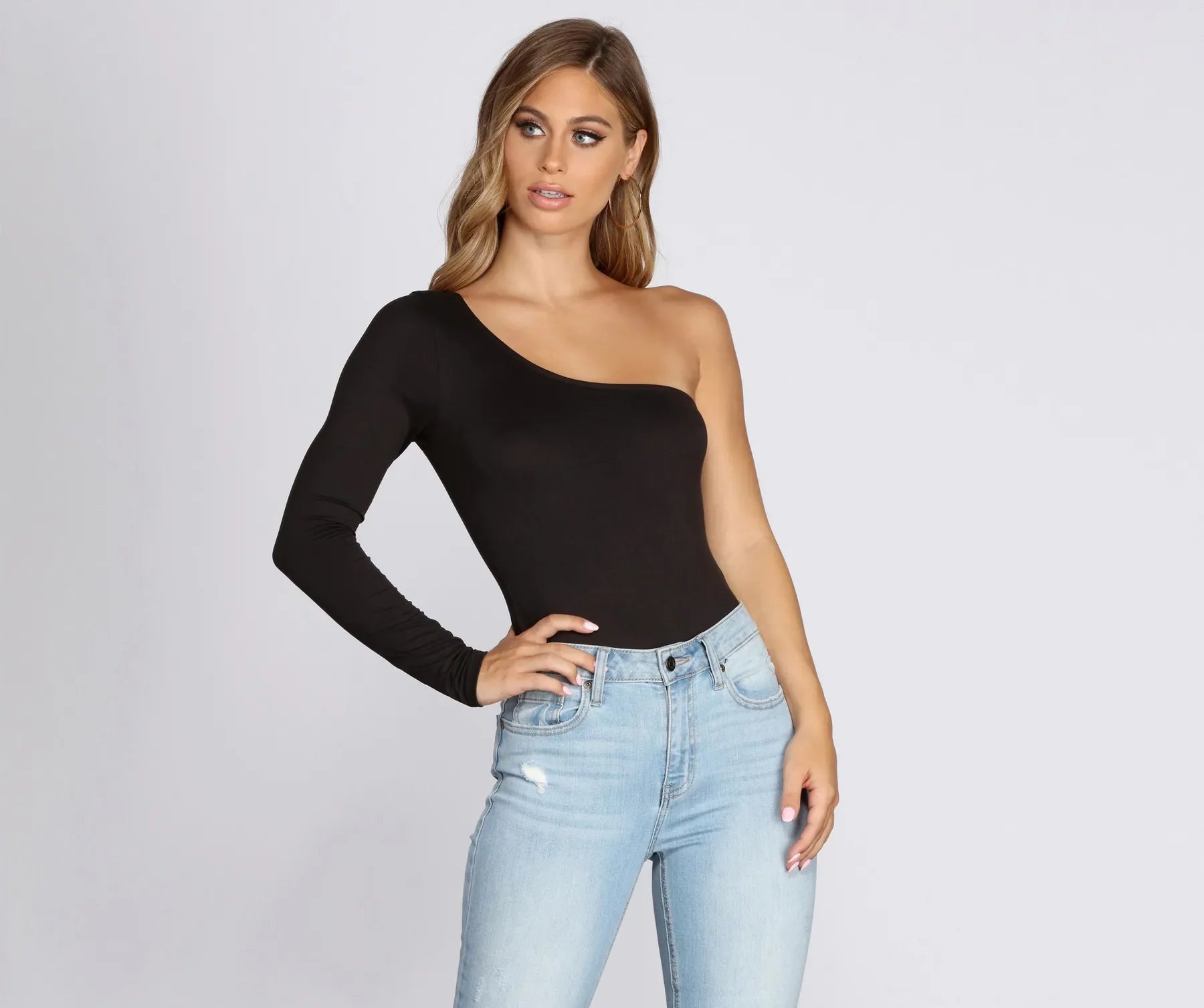 Tight knit top for women with ribbed fabric and figure-flattering fit-One Sleeve Knit Bodysuit