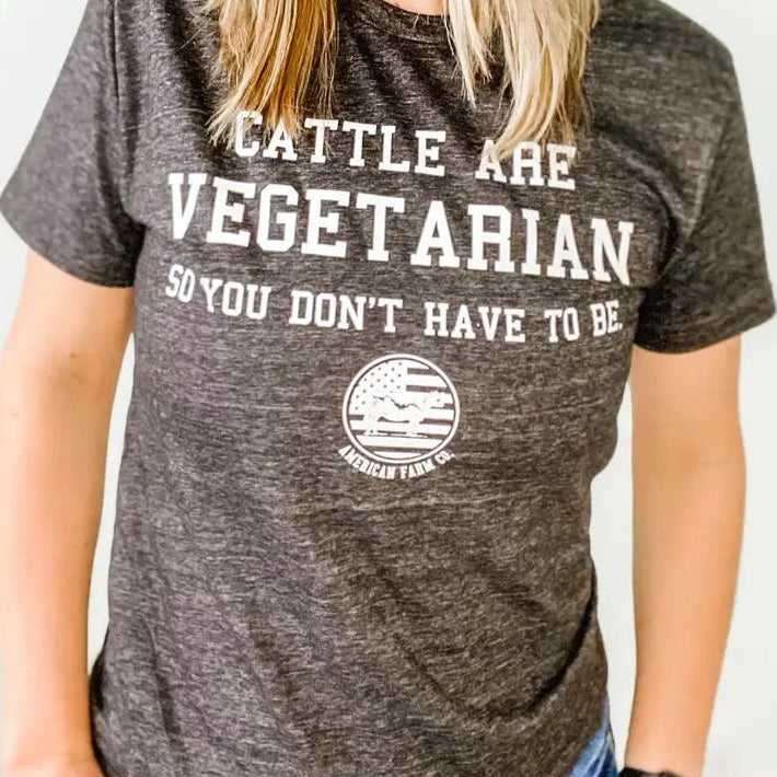 Button Up Shirts for Classic -American Farm Co. "Cattle Are Vegetarian" T-Shirt in Dark Heather Grey