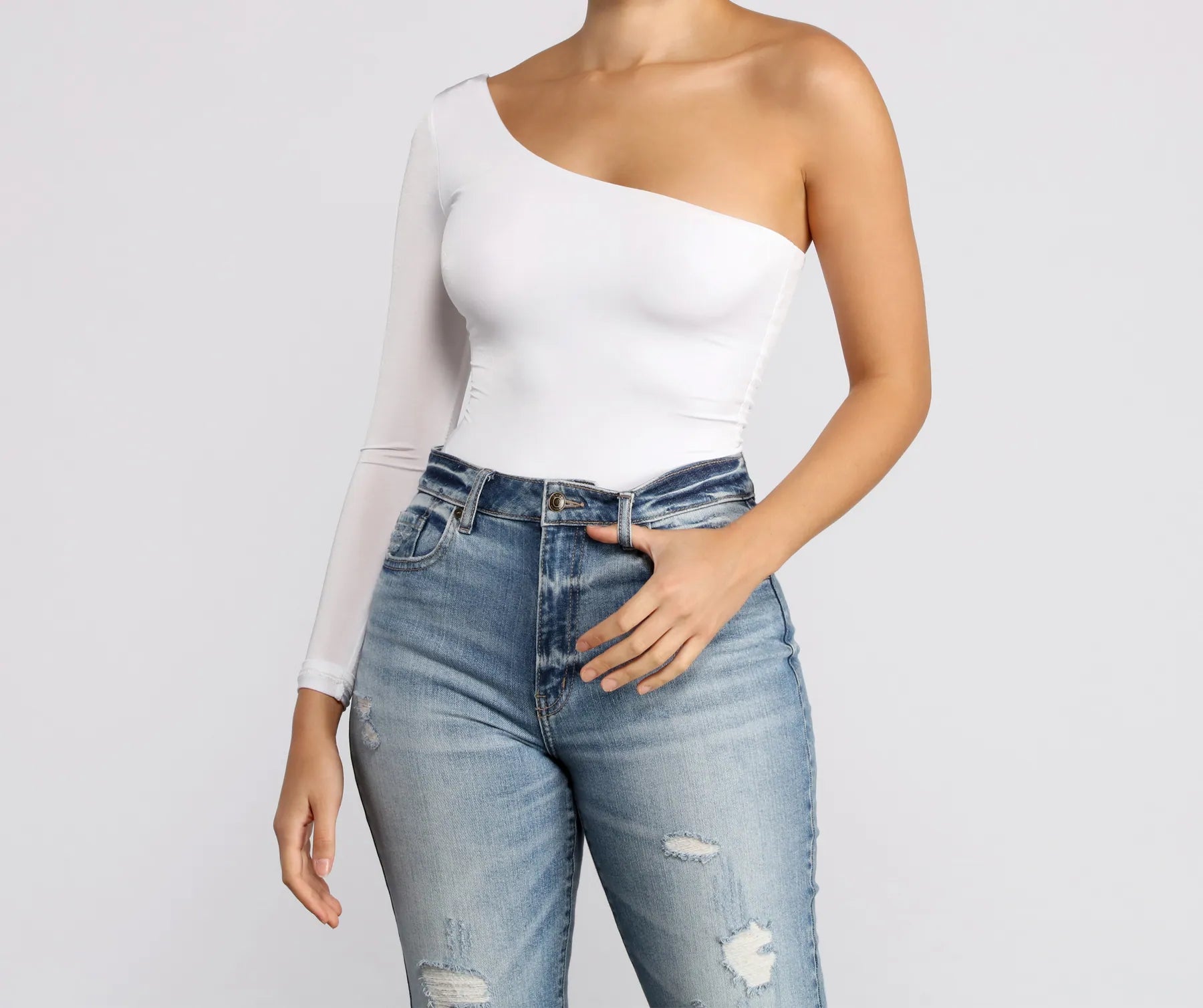 Tight faux-leather top for women with sleek design and edgy style-Chic Vibes One Shoulder Bodysuit