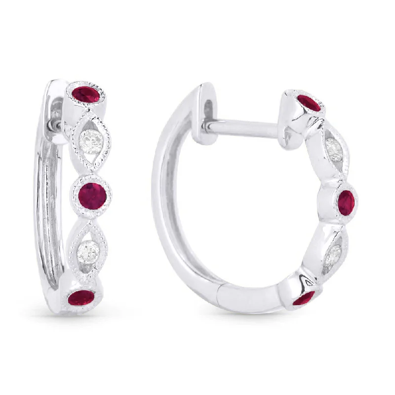 Gemstone and Diamond Drop Earrings for Opulence -0.16Ct Ruby Hoops Earrings In 14K White Gold