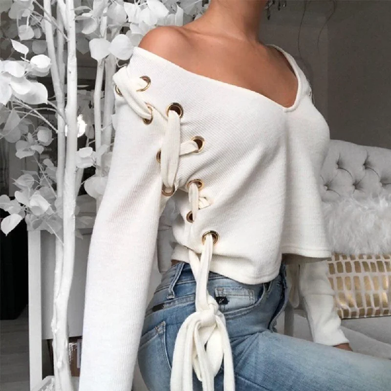 Tie Neck Blouses for Chic -Women's Sexy Style V Neck White Long Sleeve Lace Up Bow Shirt Top