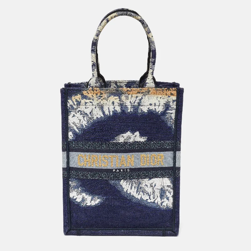 Handle bags with woven fabric for texture -Dior Navy Blue/white Tie Dye Canvas Mini Vertical Dior Book Tote