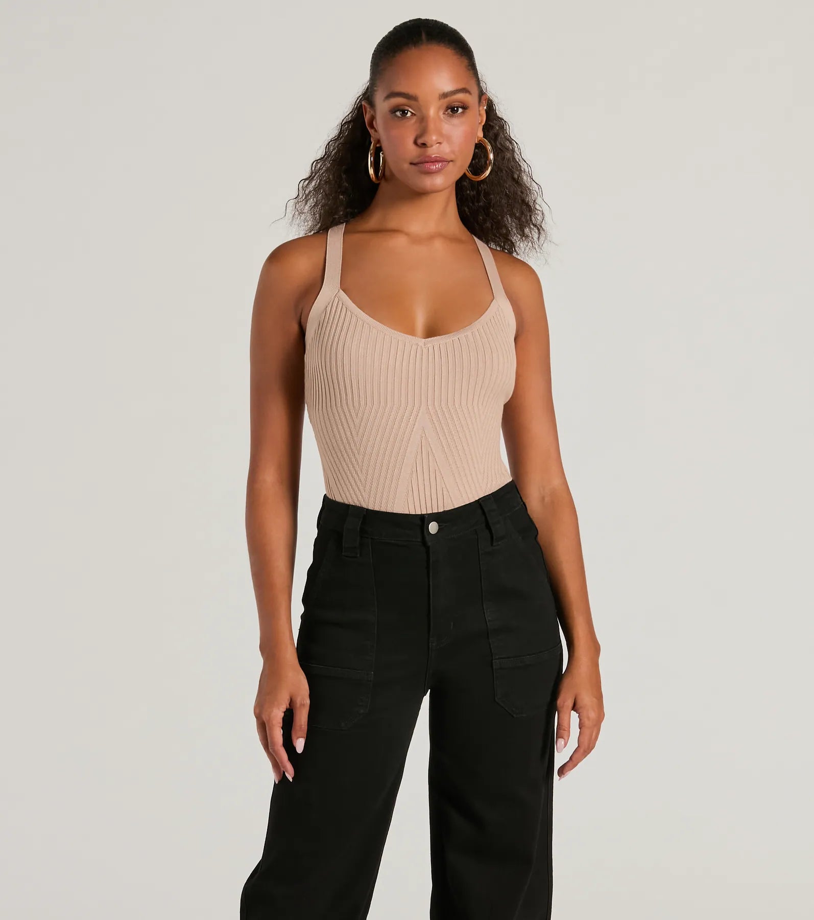 Tight off-shoulder top for women with trendy cut and elegant fit-Up A Notch Sleeveless V-Neck Knit Bodysuit