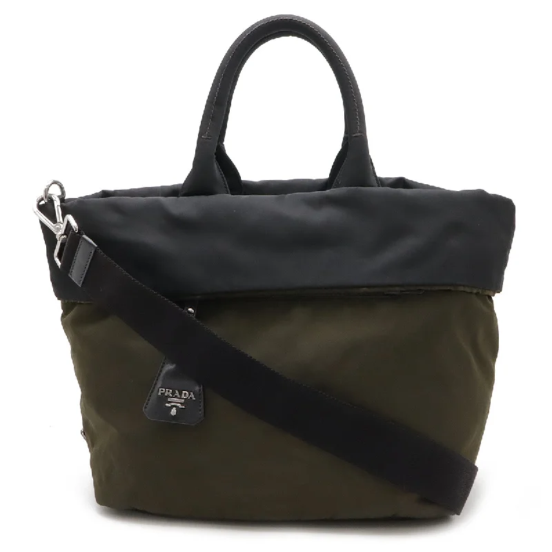 Handle bags with hidden pockets for security -Prada Nylon Leather 2WAY Tote Bag Khaki Black