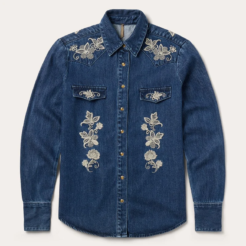 Silk Blouses for Elegant Look -Stetson Women's L/S Floral Embroidered Denim Western Snap Shirt in Dark Wash