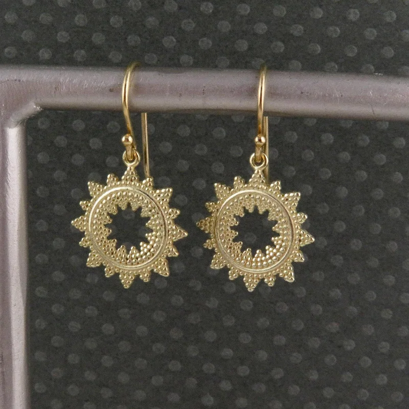 Leverback Drop Earrings for Comfort -Textured Sunburst Earrings - Gold